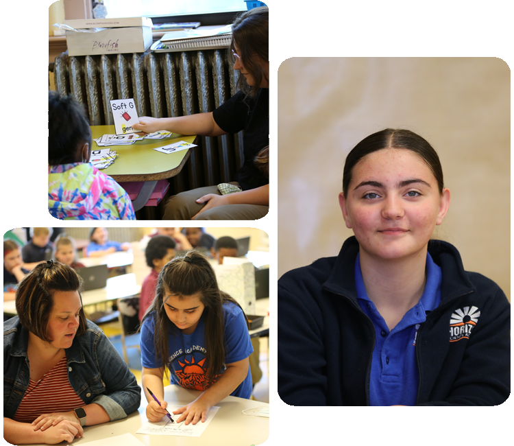 Collage showcasing various student activities including academics, science, and hands-on projects.